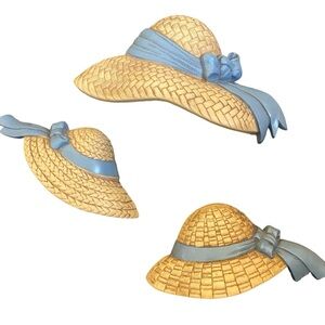 BURWOOD Vintage Straw Hats with Ribbons Wall Hanging 1980's MADE IN USA Set of 3